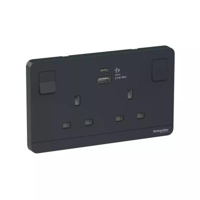 AvatarOn 13A Twin Gang Switched Socket with 21W Type A+C USB Charger Socket Dark Grey