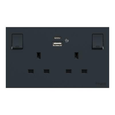 AvatarOnC 13A Twin Gang Switched socket with USB charger, 21W type A-C, Dark Grey