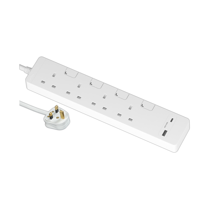 AvatarOn Extend 13A 4 Gang Individual Switched Extension Socket with LED and 2 Gang USB Charger Socket PD30W Type A+C (with 3m cable) White main product photo
