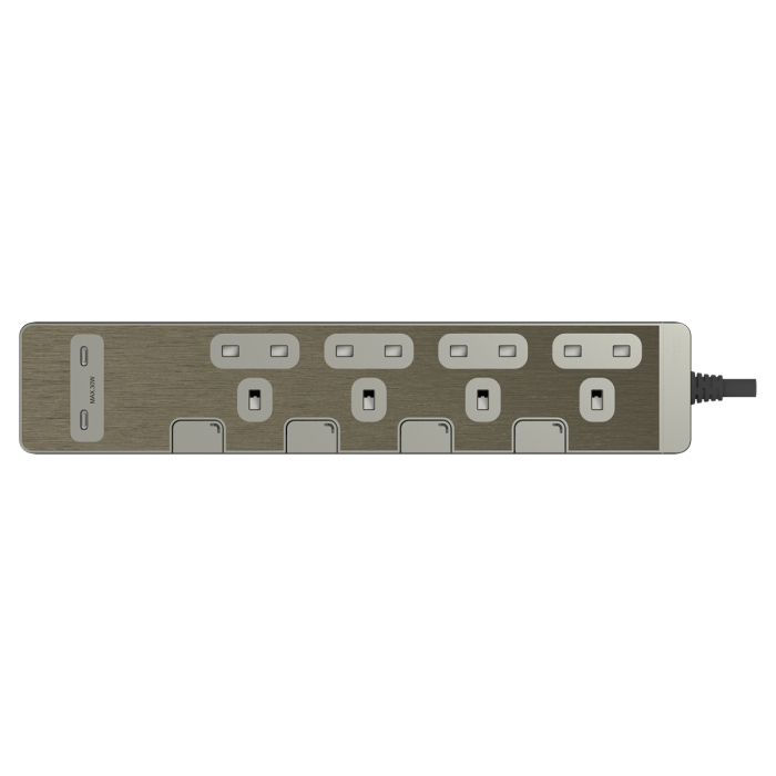 AvatarOn Extend 13A 4 Gang Individual Switched Extension Socket with LED and 2 Gang USB Charger Socket PD30W Type C+C (with 3m cable) Metal Gold Hairline - TSH34QCUSB_3_GH