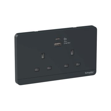 AvatarOn 13A 2 Gang Socket with 2 Gang USB Fast Charger Socket Type A+C, Dark Grey