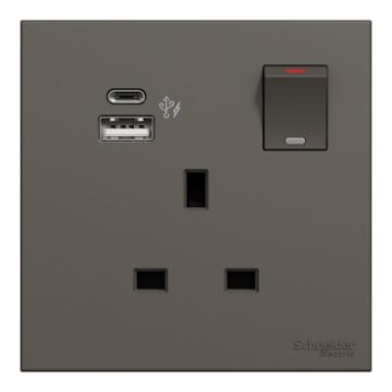 AvatarOn C 13A Double Pole Switched Socket with 2 Gang USB Fast Charger Socket Type A+C, Dark Grey