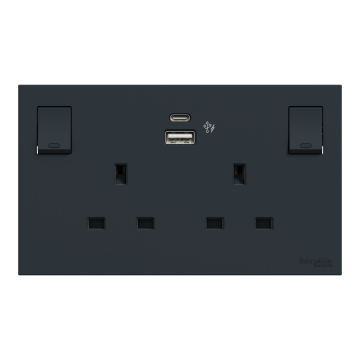 AvatarOnC 13A Twin Gang Switched socket with USB charger, 21W type A-C, Dark Grey
