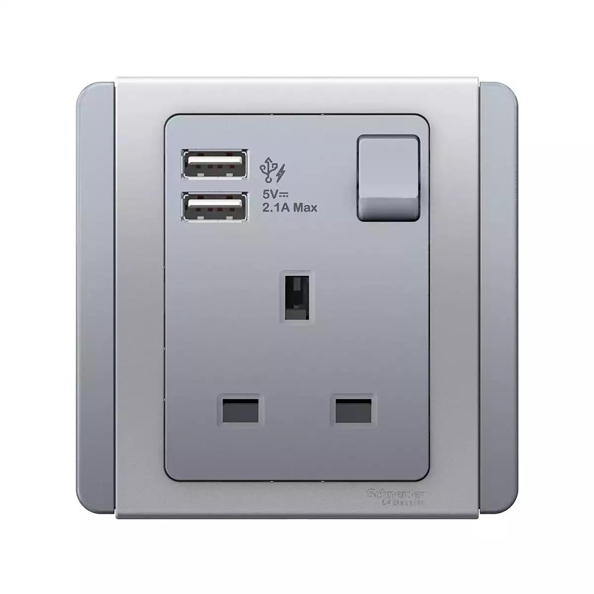 NEO 13A 1 Gang Switched Socket with 2.1A USB Grey Silver