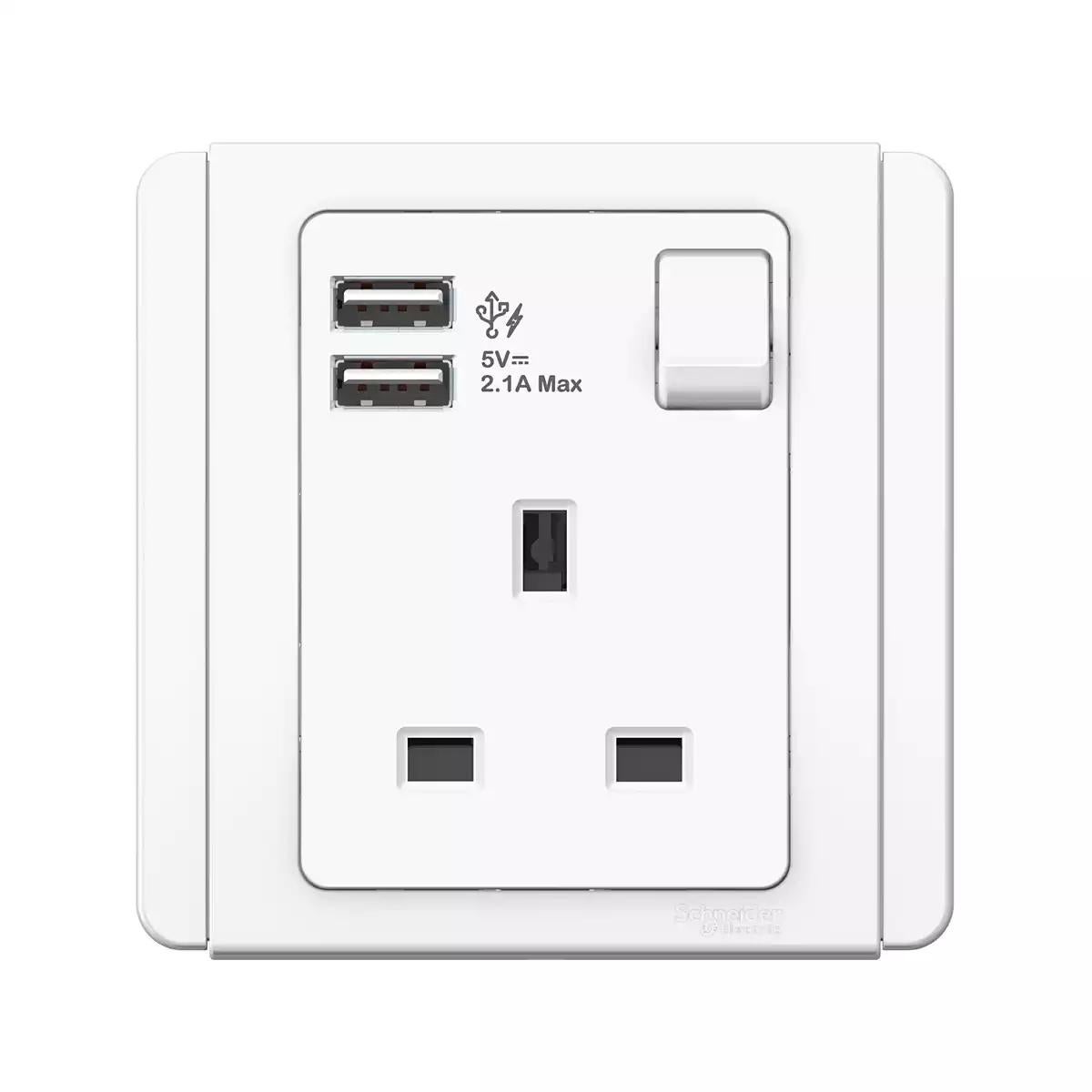 NEO 13A 1 Gang Switched Socket with 2.1A USB White