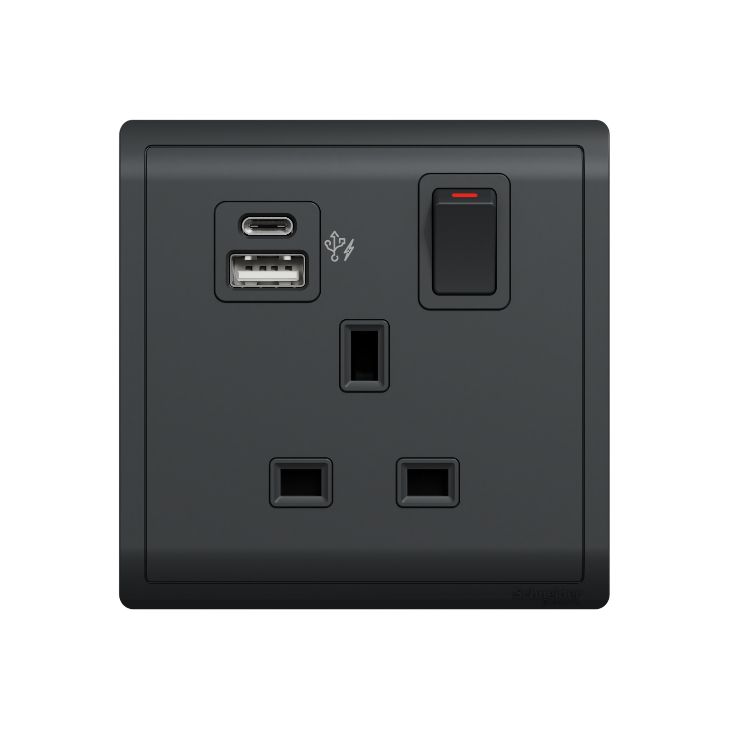PIENO 13A 1 Gang Double Pole Switched Socket with 2 Gang USB Fast Charger Socket Type A+C, Matt Black 