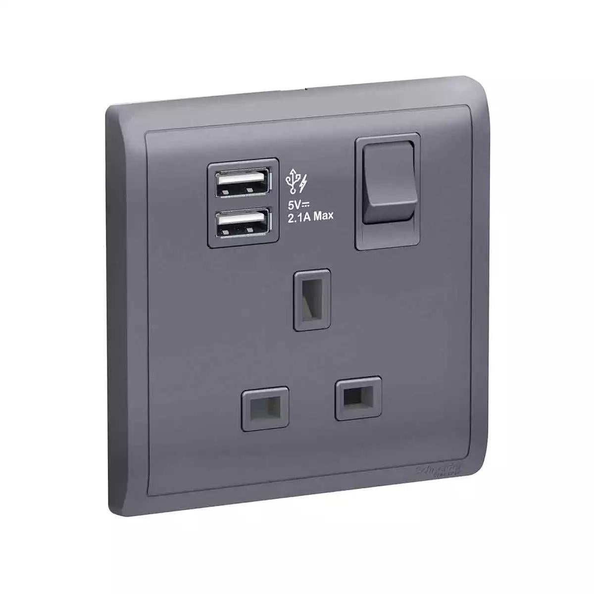 Pieno 13A 1 Gang Switched Socket with 2.1A USB Lavender Silver