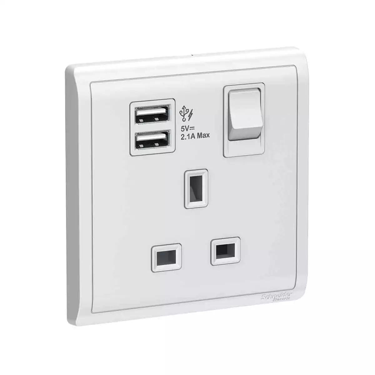 Pieno 13A 1 Gang Switched Socket with 2.1A USB White