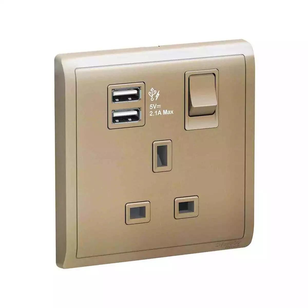 Pieno 13A 1 Gang Switched Socket with 2.1A USB Wine Gold