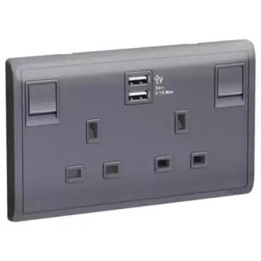 Pieno 13A Twin Switched Socket with 2.1A USB Lavender Silver