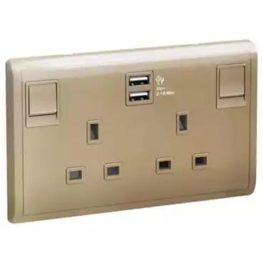 Pieno 13A Twin Switched Socket with 2.1A USB Wine Gold