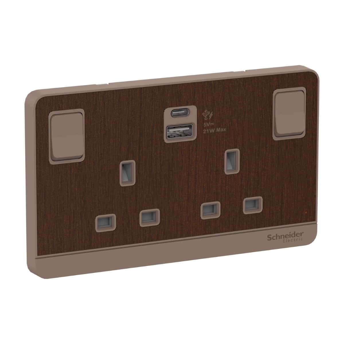 AvatarOn 13A 2 Gang Double Pole Switched Socket with 2 Gang USB Charger Socket Type A+C, Dark Wood