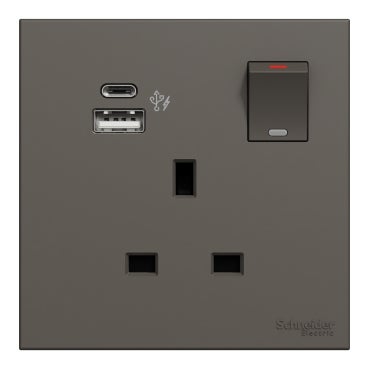 AvatarOn C 13A Double Pole Switched Socket with 2 Gang USB Fast Charger Socket Type A+C, Dark Grey