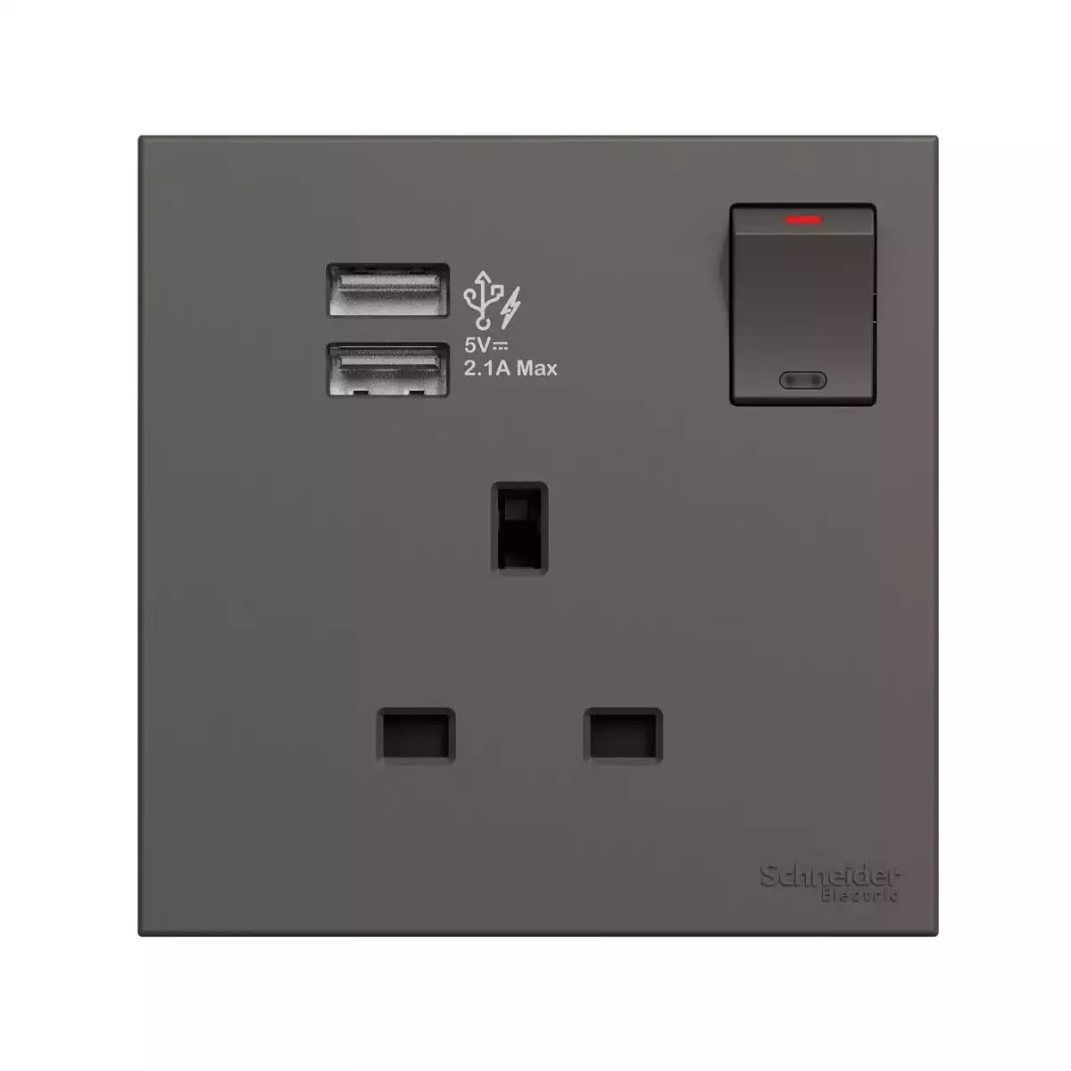 AvatarOn C Switch Socket, 13A, 1 gang, 2.1A two port USB, Dark Grey